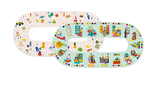 18 wielkoformatowych puzzli tworzących owalną, dwustronną planszę do gry