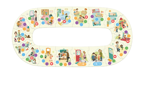 18 wielkoformatowych puzzli tworzących owalną planszę do gry 85x170 cm